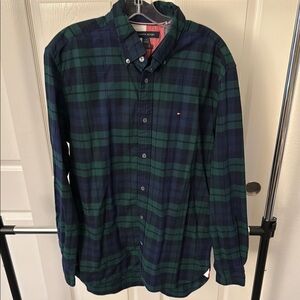 Tommy Hilfiger Men's Green and Blue Plaid Shirt